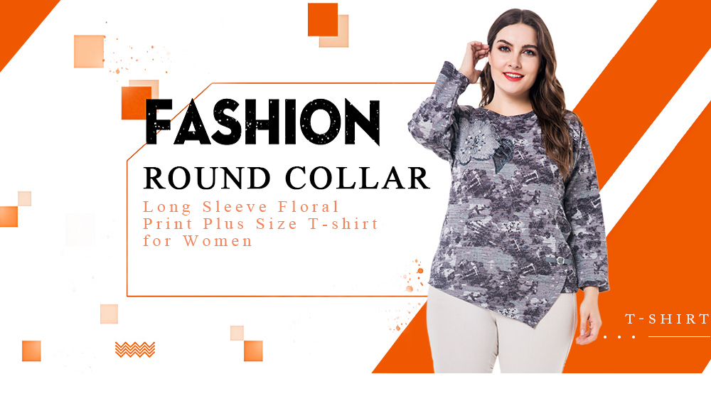 Round Collar Long Sleeve Floral Print Beaded Asymmetric Plus Size Women T-shirt