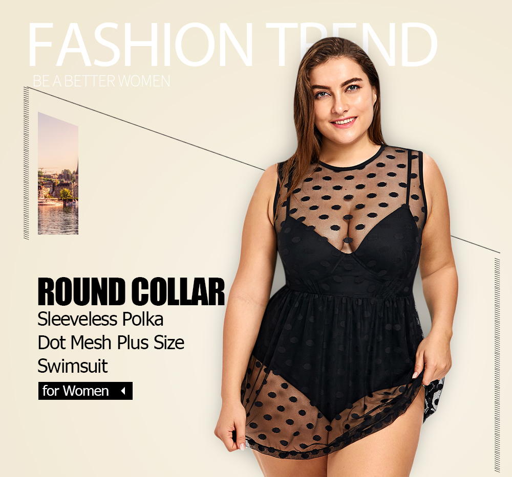 Round Collar Sleeveless Padded Polka Dot Spliced Mesh Plus Size Women Swimsuit