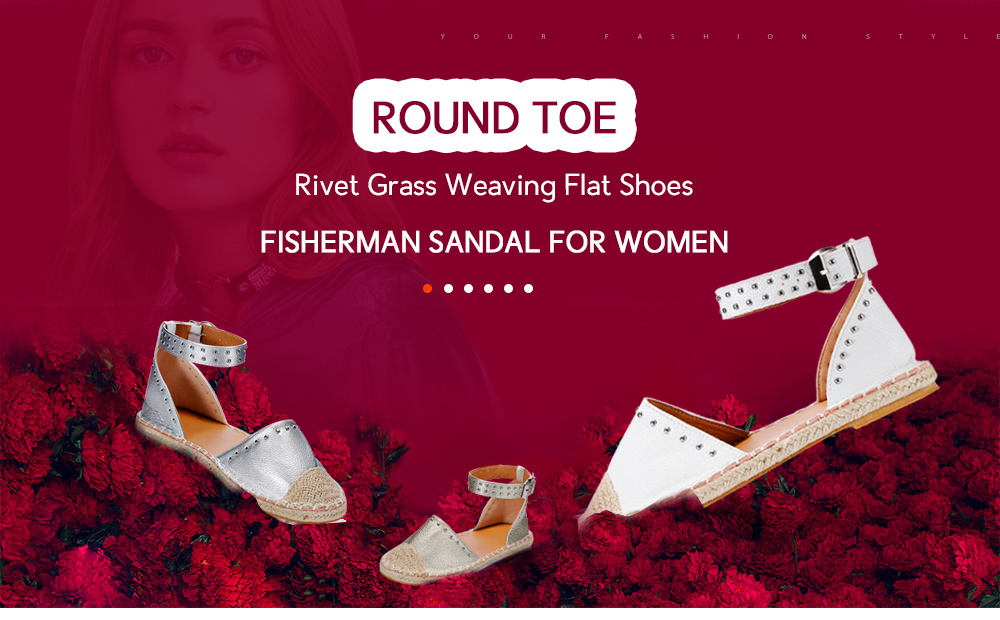 Round Toe Rivet Grass Weaving Flat Shoes Fisherman Sandal for Women
