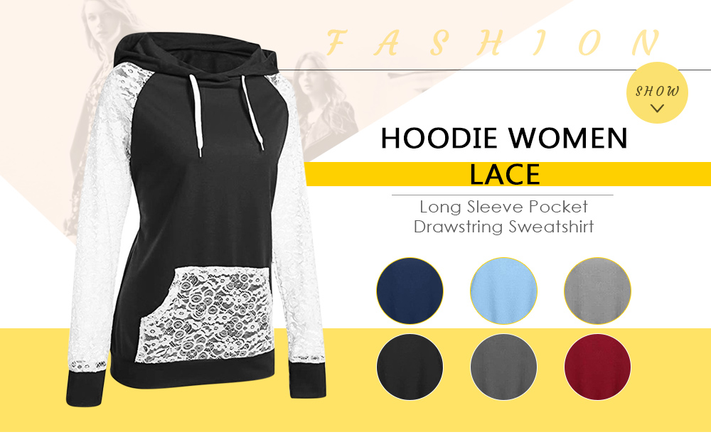 Hoodie Women Top Lace Printed Long Sleeve Pocket Drawstring Sweatshirt