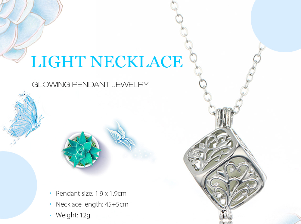 Charm Silver Cube Light Necklace Women Glowing Pendant Jewelry