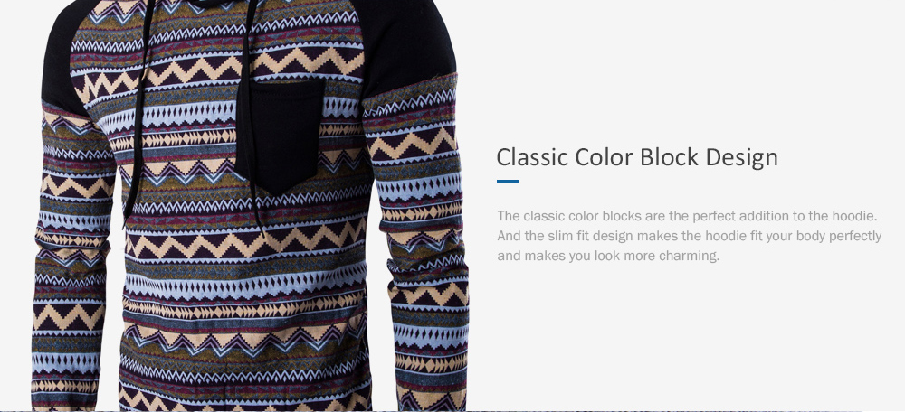 Color Block Tribal Printed Pocket Hooded Raglan Sleeve Hoodie