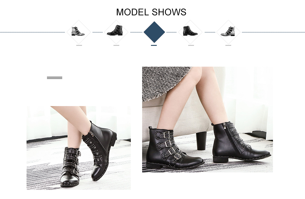 PU Leather Pointed Toe Rivet Belt Buckle Flat Boots for Women