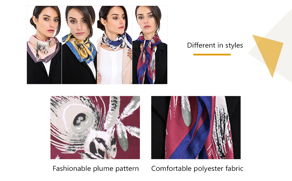 Fashion Plume Print Color Blocking Square Neckerchief Bandana Women Scarf