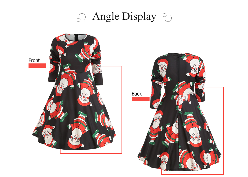 Round Collar Long Sleeve Christmas Santa Claus Print A-line Women Dress