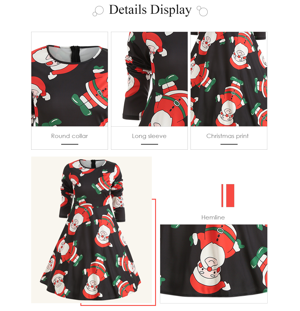 Round Collar Long Sleeve Christmas Santa Claus Print A-line Women Dress