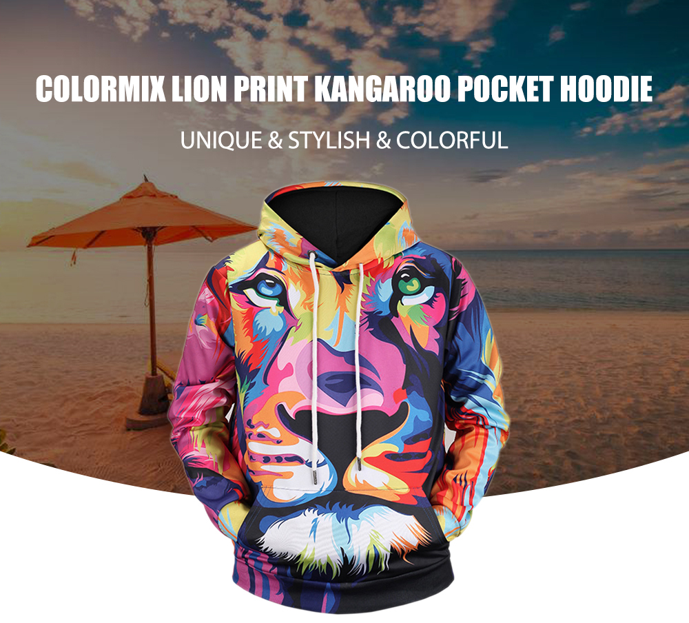 Colormix Lion Print Kangaroo Pocket Hoodie
