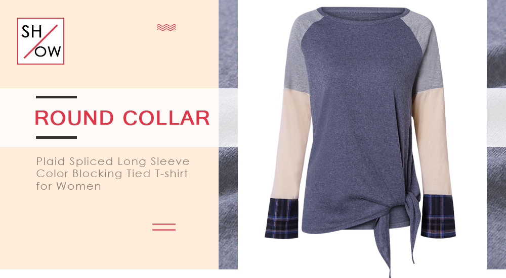 Round Collar Plaid Spliced Long Sleeve Color Blocking Tied Women T-shirt