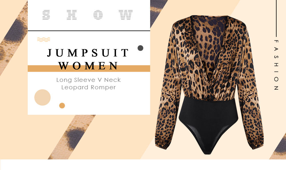 Sexy Jumpsuit Women Long Sleeve Romper V Neck Leopard Print Overall