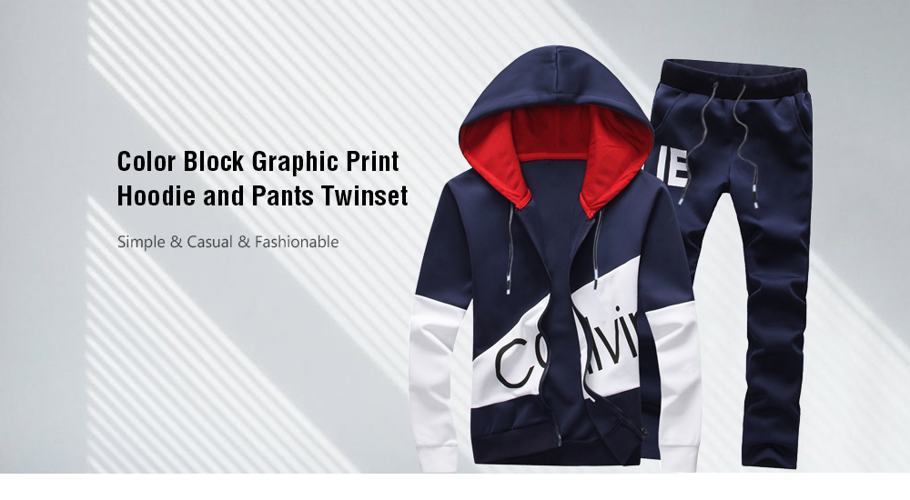 Graphic Print Color Block Panel Hoodie and Pants Twinset