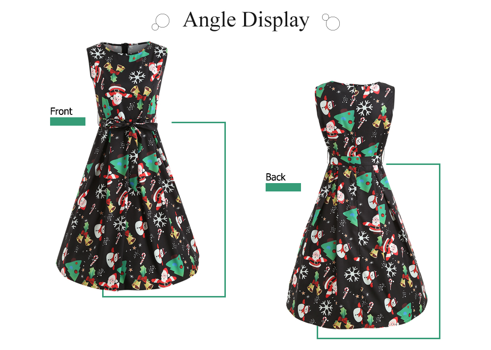 Women Christmas Print A-line Casual Sleveeless Party Swing Dress