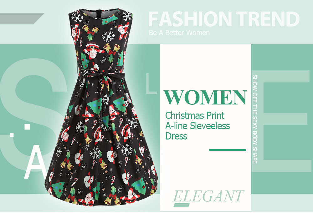 Women Christmas Print A-line Casual Sleveeless Party Swing Dress