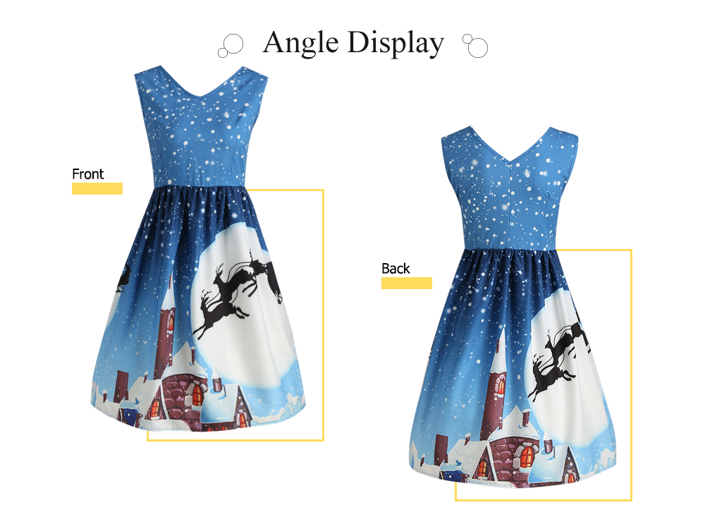 Women Vintage Sleeveless V Neck Christmas Print High Waist Party Dress