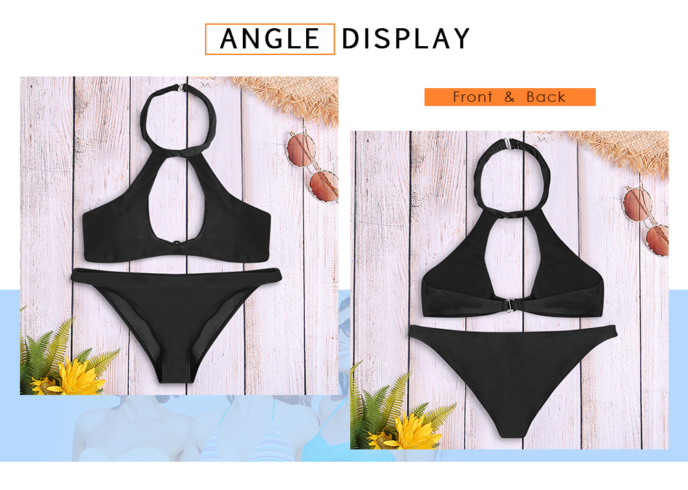Halter Neck Backless Cut Out Padded Low Waist Solid Color Women Bikini Set