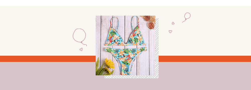 Spaghetti Strap Padded Floral Print Beaded Low Waist Women Bikini Set