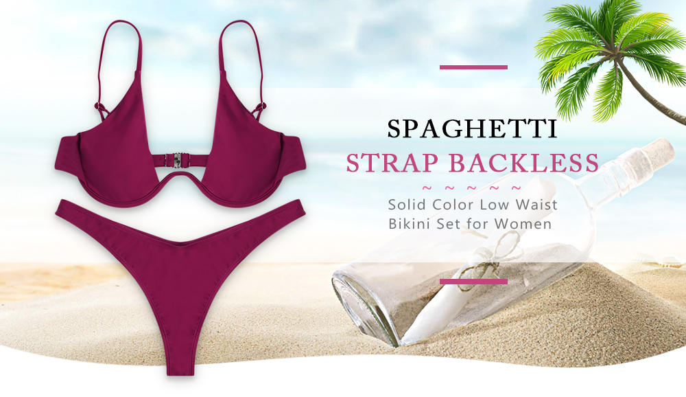 Spaghetti Strap Backless Padded Underwire Solid Color Low Waist Women Bikini Set