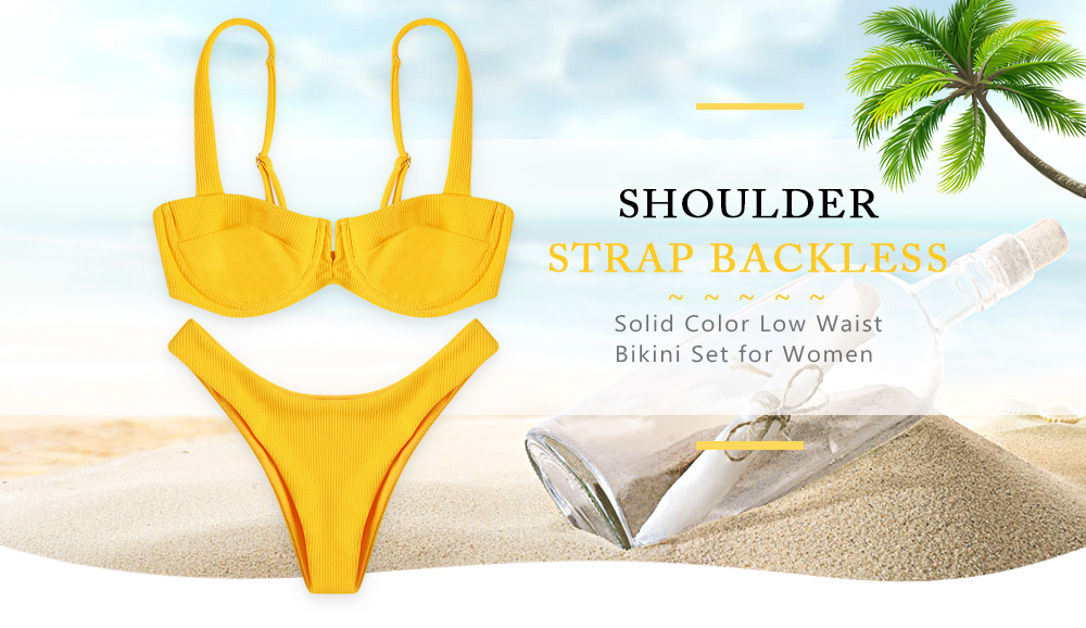 Shoulder Strap Backless Underwire Ribbed Solid Color Low Waist Women Bikini Set
