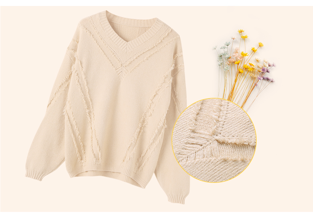 Women V-neck Tassel Knitted Sweater