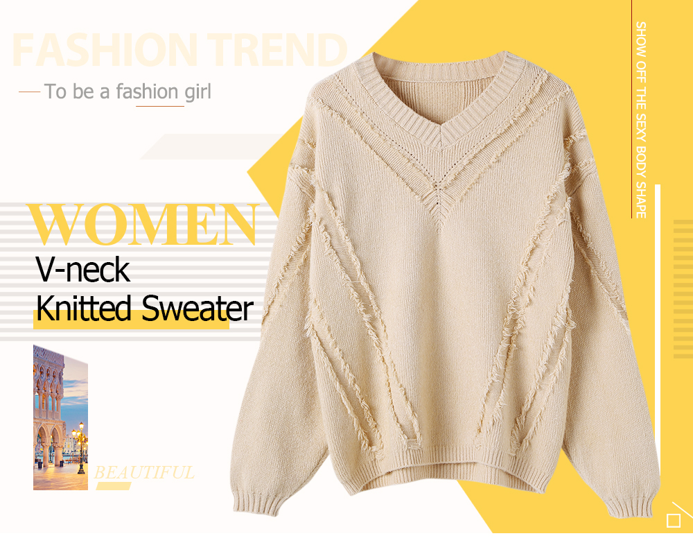Women V-neck Tassel Knitted Sweater
