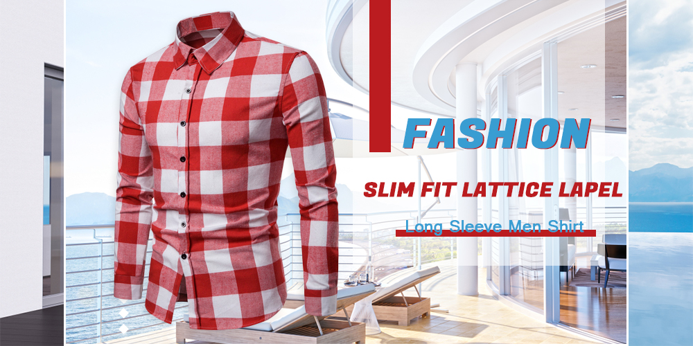 Fashion Slim Fit Lattice Turn Down Collar Long Sleeve Men Shirt