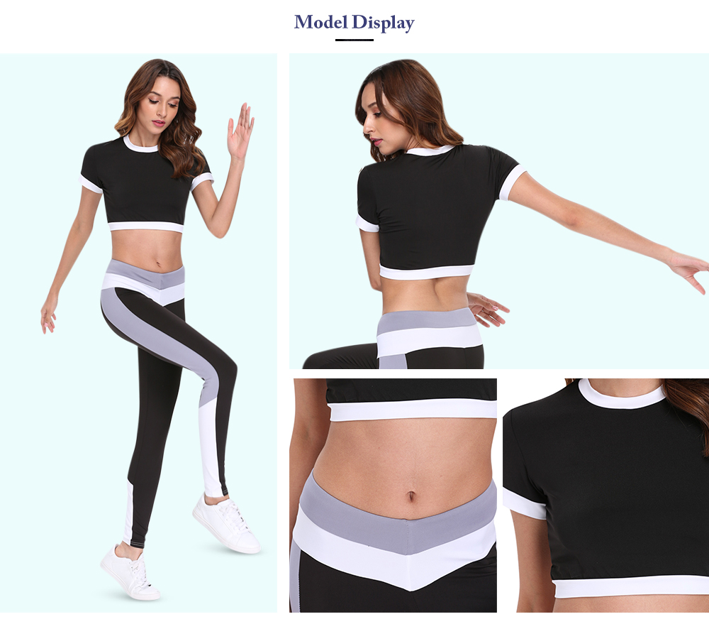 Female Summer Sports Suit Patchwork Midriff Short Sleeve Top High Waist Pants