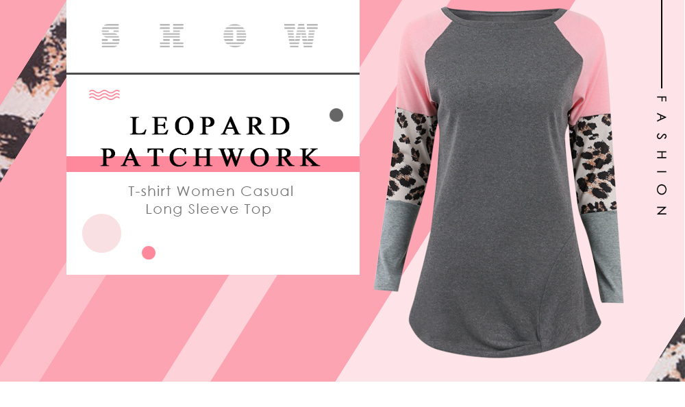 Leopard Patchwork T-shirt Women Top Casual Style Long Sleeve Tee