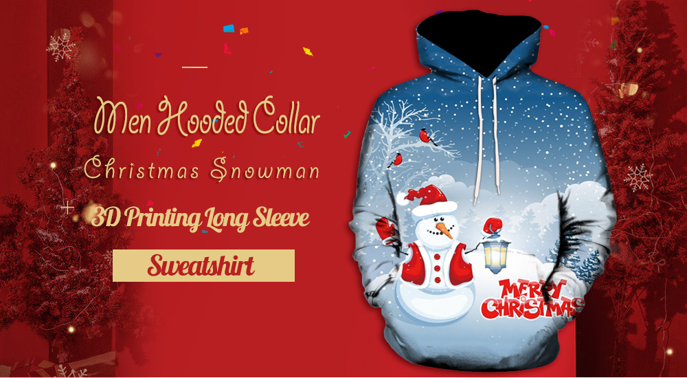 Men Hooded Collar Christmas Snowman 3D Printing Long Sleeve Sweatshirt