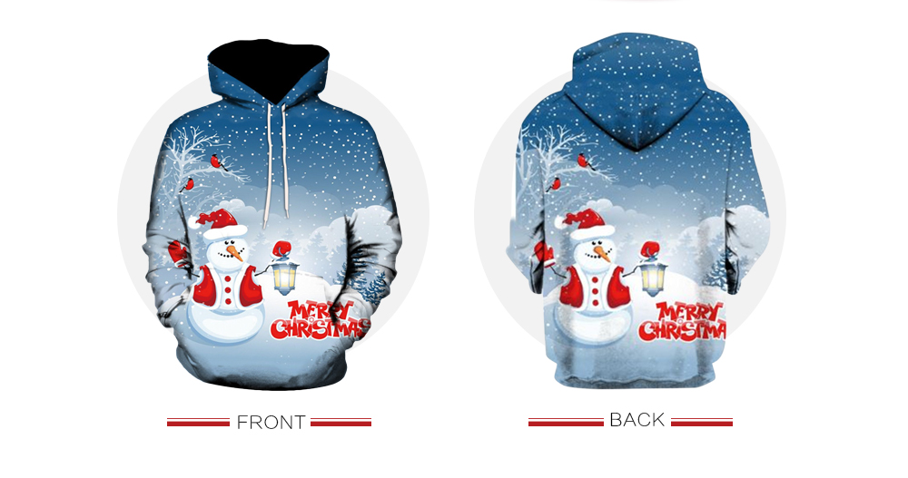 Men Hooded Collar Christmas Snowman 3D Printing Long Sleeve Sweatshirt