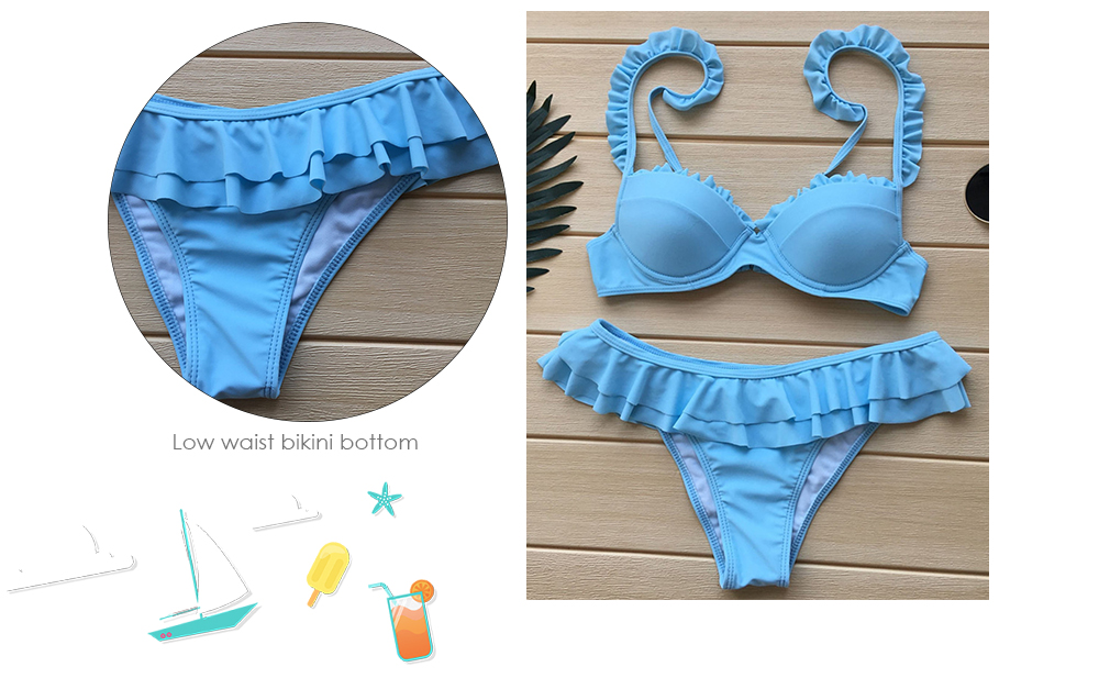 Women Solid Color Falbala Bikini Set Underwire Swimsuit Swimwear