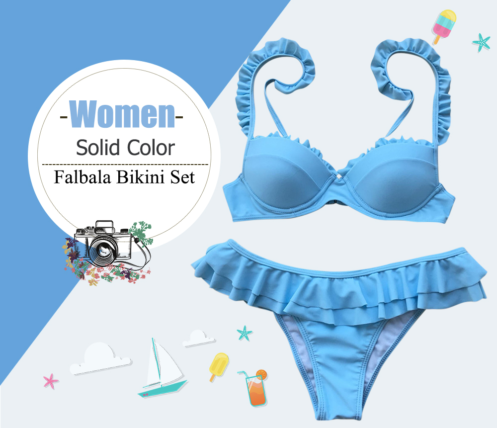 Women Solid Color Falbala Bikini Set Underwire Swimsuit Swimwear