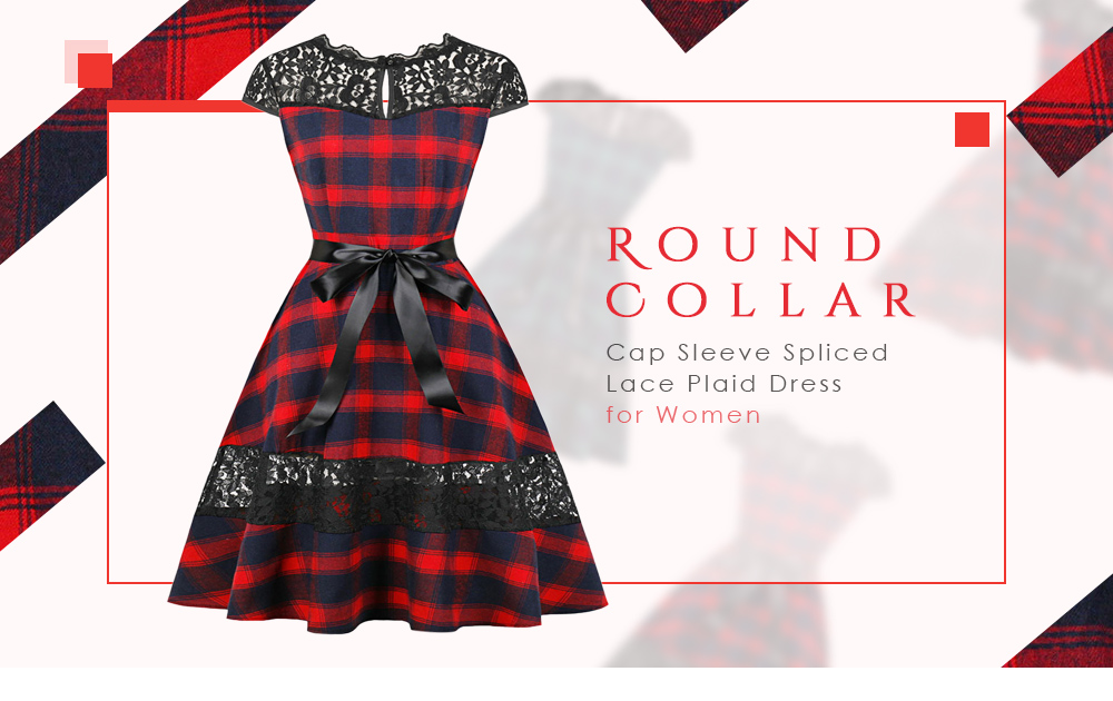 Round Collar Cap Sleeve Spliced Lace Plaid Belted A-line Women Dress