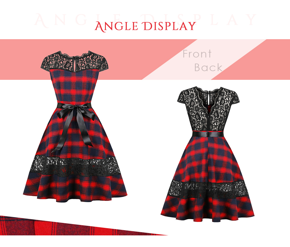 Round Collar Cap Sleeve Spliced Lace Plaid Belted A-line Women Dress