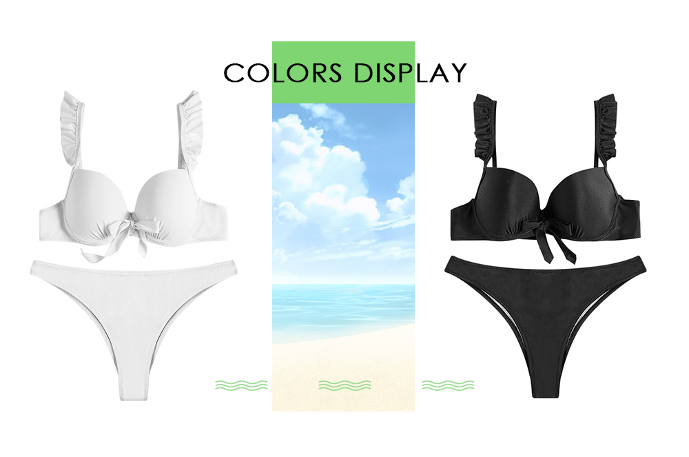 Ruffled Spaghetti Strap Padded Underwire Solid Color Women Bikini Set