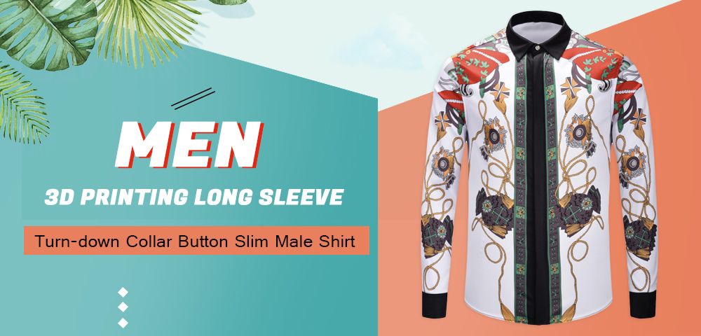 Men 3D Printing Long Sleeve Turn-down Collar Button Slim Male Shirt
