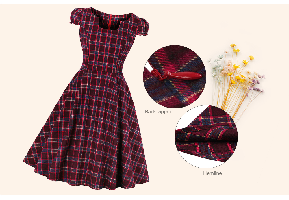 U Neck Short Sleeve Plaid Print A-line Women Vintage Dress