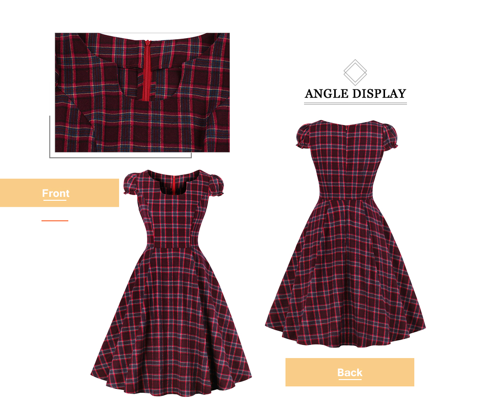 U Neck Short Sleeve Plaid Print A-line Women Vintage Dress