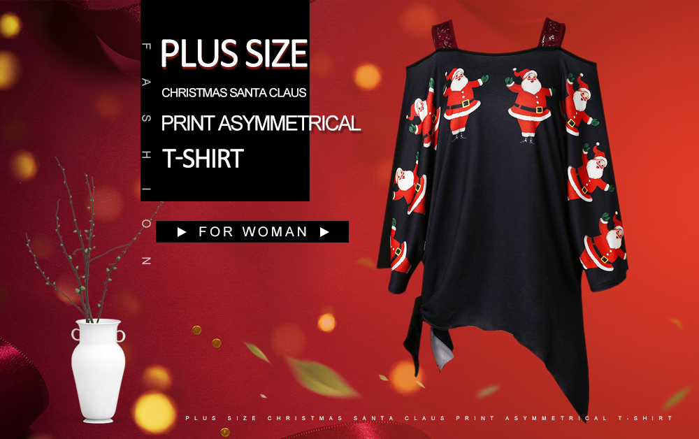 Plus Size Christmas Santa Claus Print Asymmetrical T-shirt