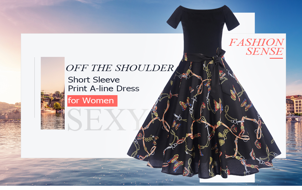 Off The Shoulder Short Sleeve Print Belted A-line Women Vintage Dress