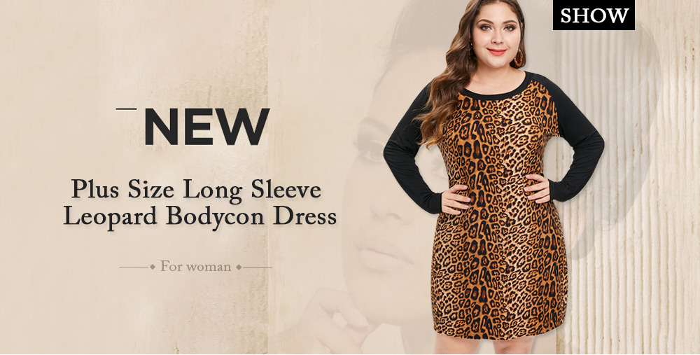 Plus Size Long Sleeves Leopard Bodycon Dress