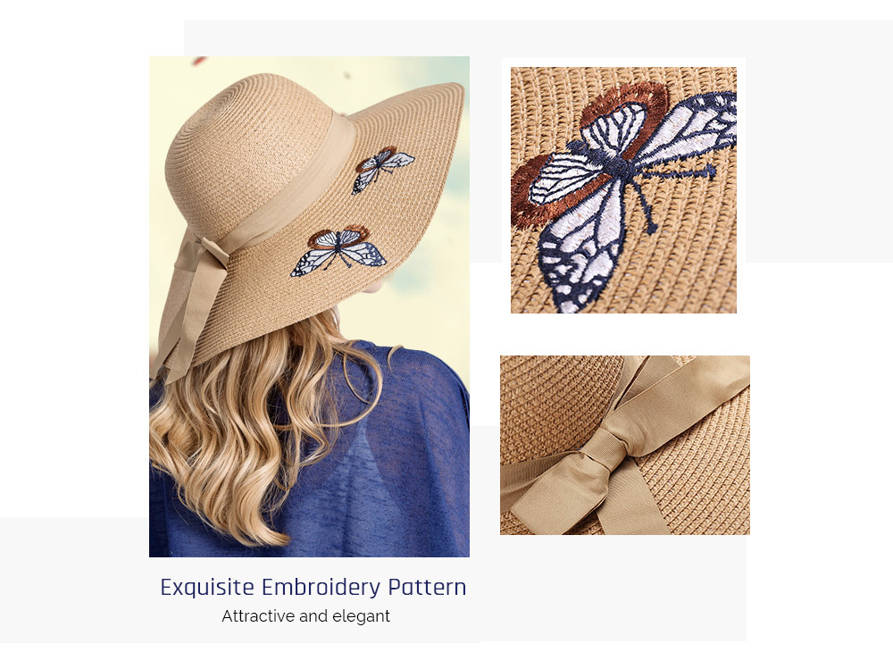 Woman Butterfly Embroidery Pattern Big Brim Bow Knot Outdoor Straw Sun Hat