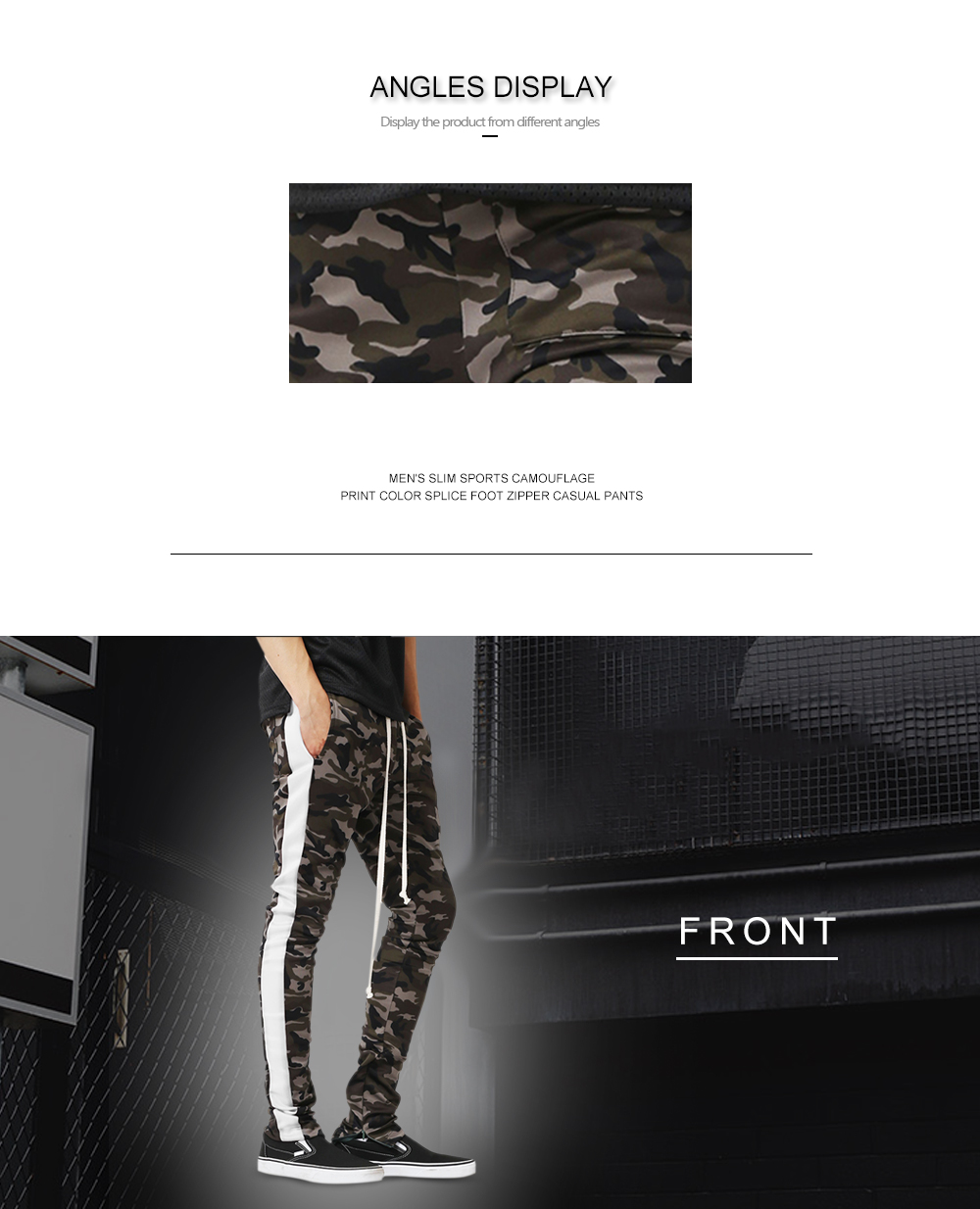 Men's Slim Sports Camouflage Print Color Splice Foot Zipper Casual Pants