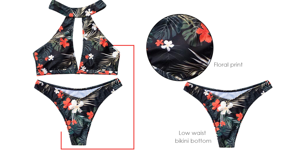 Halter Neck Backless Padded Floral Print Low Waist Women Bikini Set