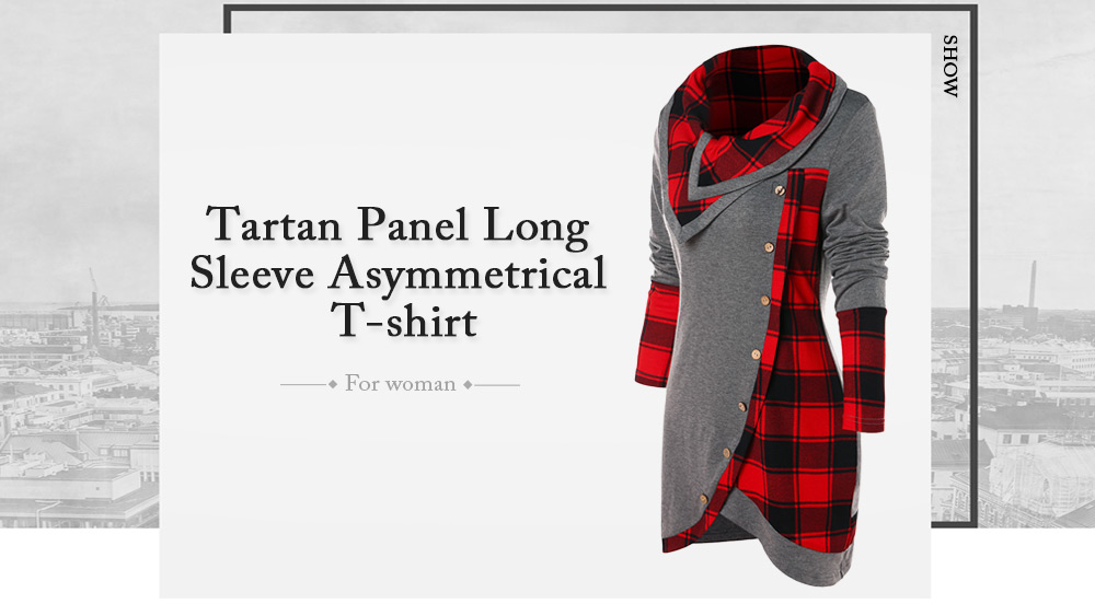 Tartan Panel Long Sleeve Asymmetrical T-shirt