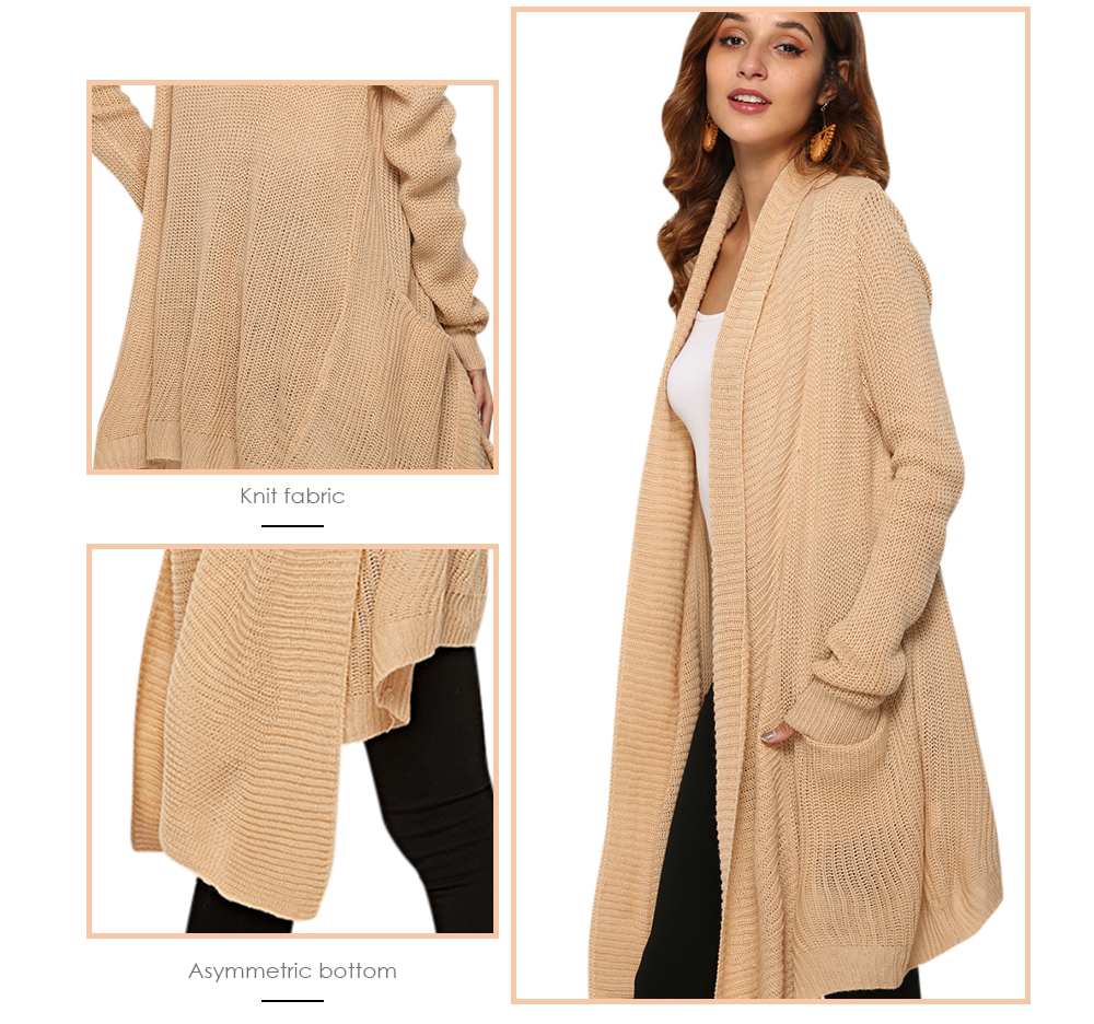 Turn-down Collar Long Sleeve Pocket Asymmetric Open Front Women Cardigan