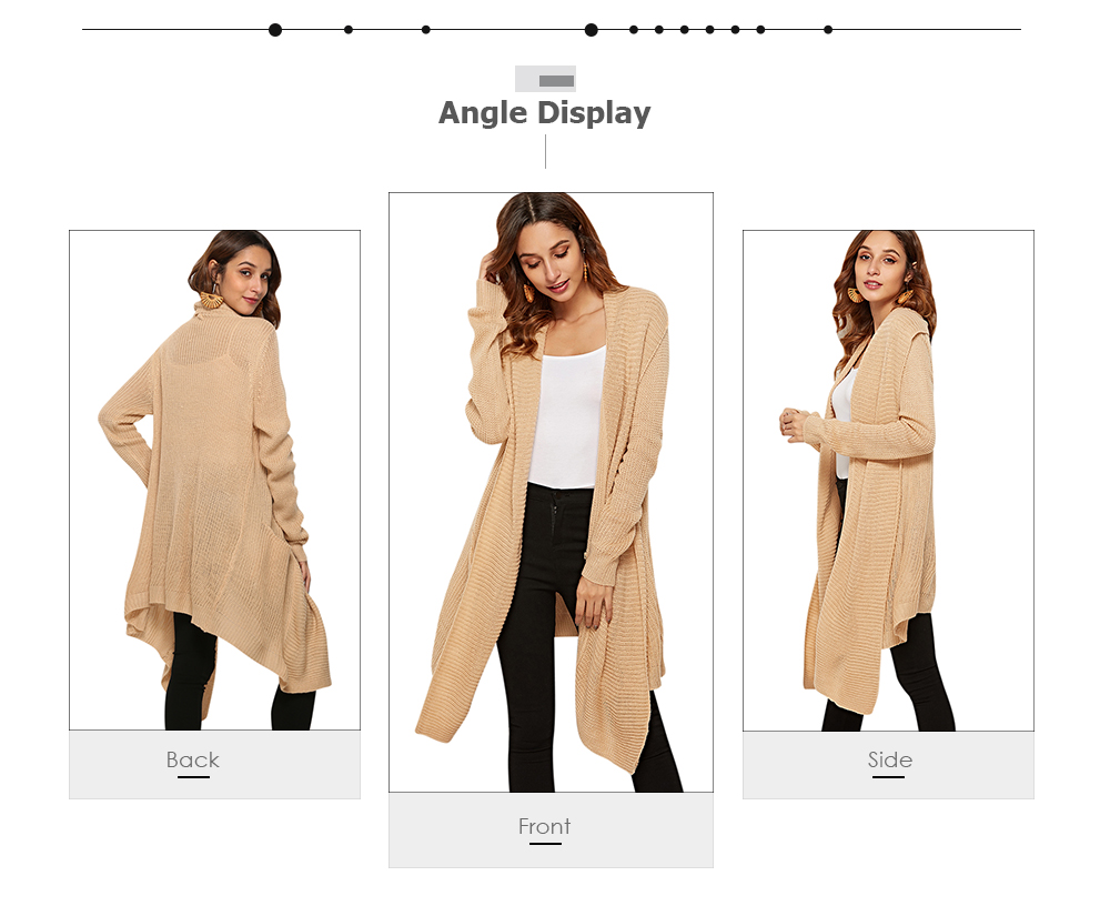 Turn-down Collar Long Sleeve Pocket Asymmetric Open Front Women Cardigan