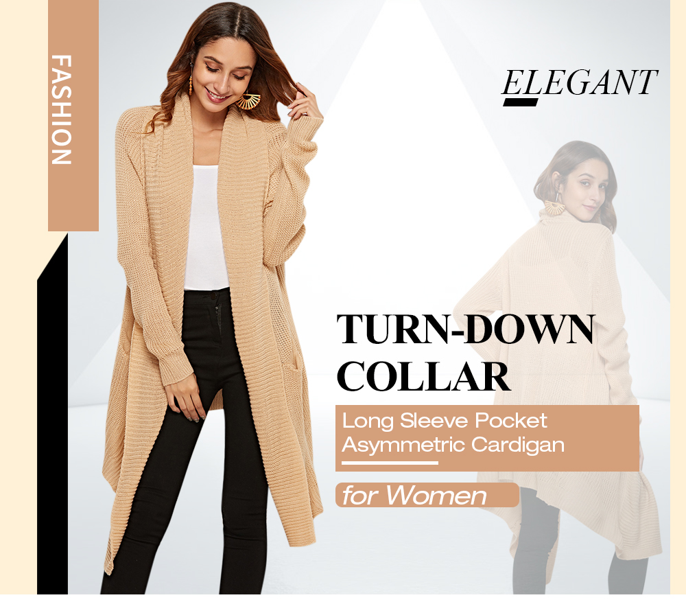 Turn-down Collar Long Sleeve Pocket Asymmetric Open Front Women Cardigan