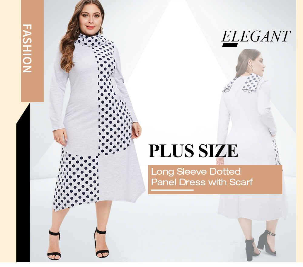 Polka Dot Panel Plus Size Long Sleeve Dress with Scarf