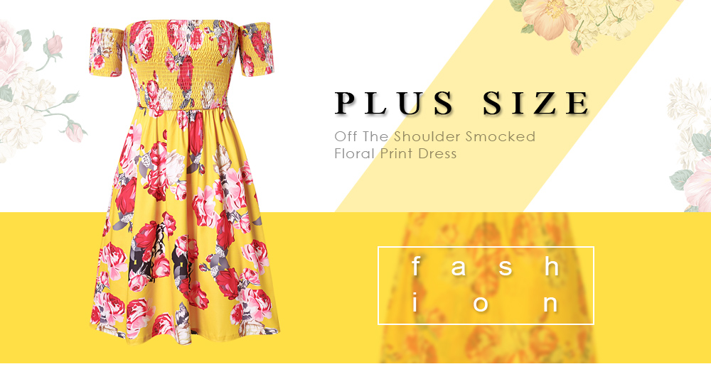 Plus Size Off The Shoulder Smocked Floral Print Dress