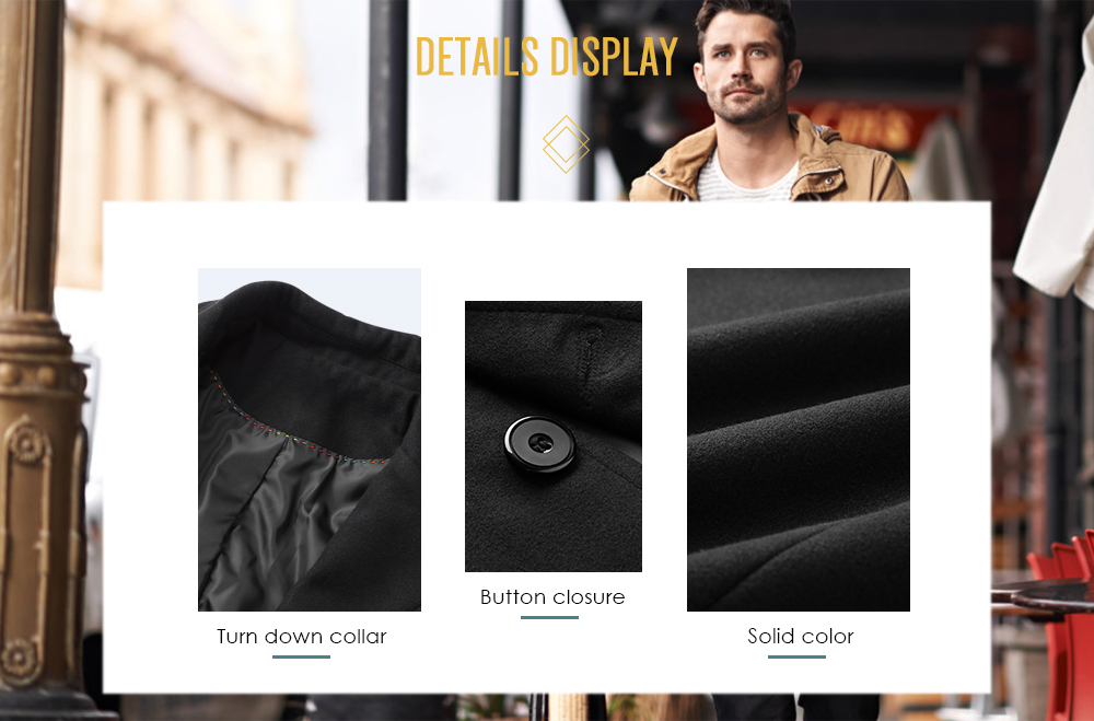 Casual Turn Down Collar Solid Long Woolen Outwear Coat for Men