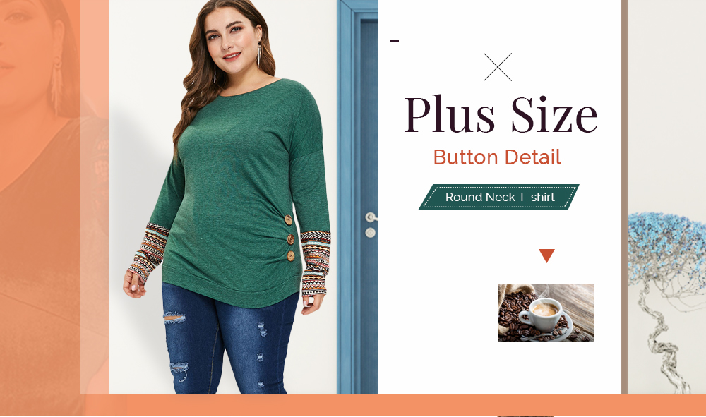 Plus Size Button Detail Round Neck T-shirt